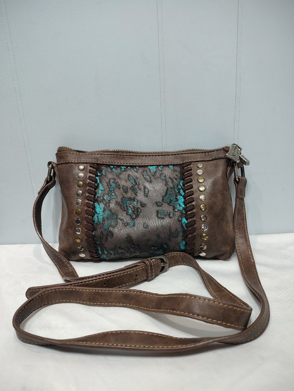 Montana West Trinity Ranch Hair on Hide Crossbody Bag Turquoise Studded Small - Picture 10 of 14